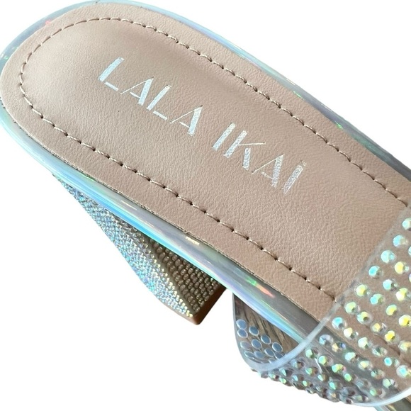 NWT LALA IKAI Women's Square Toe Heels, Sandals, Clear Straps With Rhinestones - Picture 14 of 15